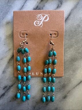 Plunder Turquoise Beaded Triple-Strand Dangle Earrings